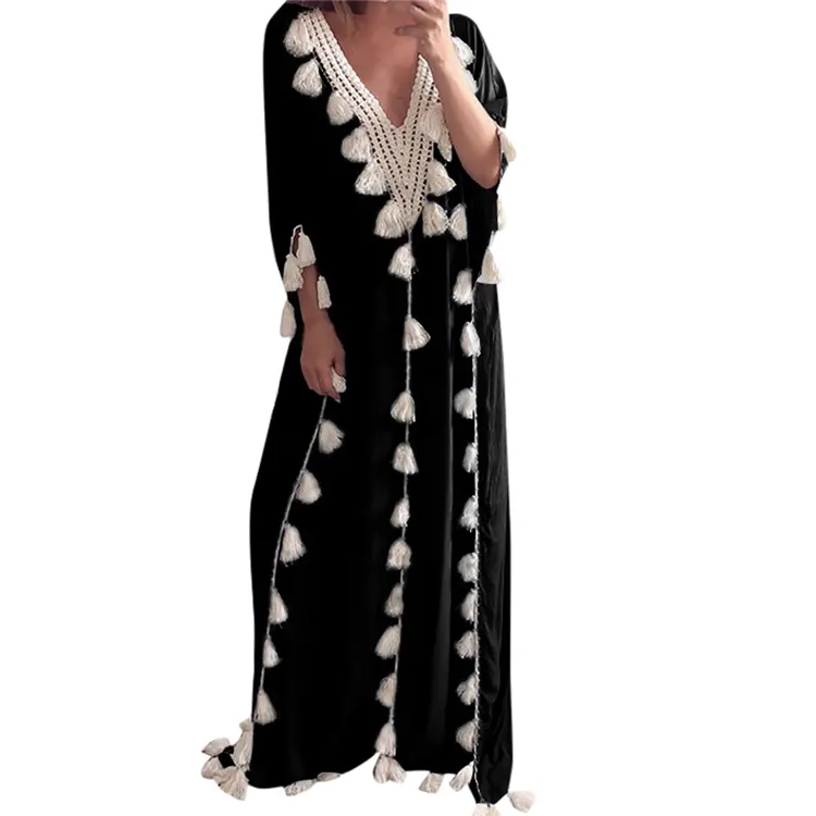 Custom Fall Clothing For Womens Long Sleeve Causal Loose Free Size Applique Robe Tassel Rayon Maxi Dress