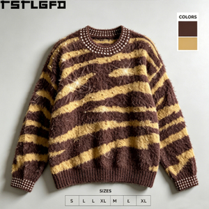 Pull en tricot personnalisé à strass, motif zèbre marron, col rond, style streetwear, vente en gros - Product Image 2
