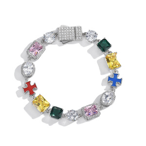 Colorful Gemstone <b>Bracelet</b> And Necklace <b>Set</b> Geometric Cross Design Silver Alloy Party Jewelry Fashion Hip Hop Style - Product Image 3