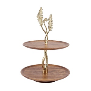 Luxury 2-Tier Wooden Cake Stand With Gold Fern Leaf Handle Elegant Acacia Wood Dessert Serving Tray For Wedding Parties Decor - Product Image 1