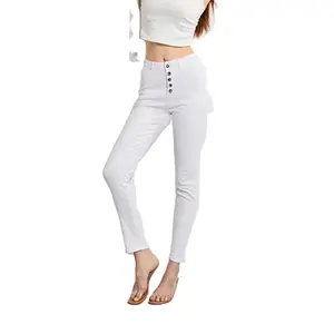Calça jeans feminina slim fit casual de cintura alta lavada 4 cores (branco) vintage spray bolso rebite