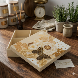 Decorative Lacquer <b>Box</b> with Four Compartments Featuring <b>Floral</b> and Butterfly Motif Stylish Storage Organizer - Product Image 1