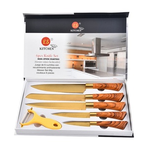 Ensemble de 6 couteaux de cuisine en acier inoxydable plaqué or titane avec manche en PP à motif bois - Product Image 1