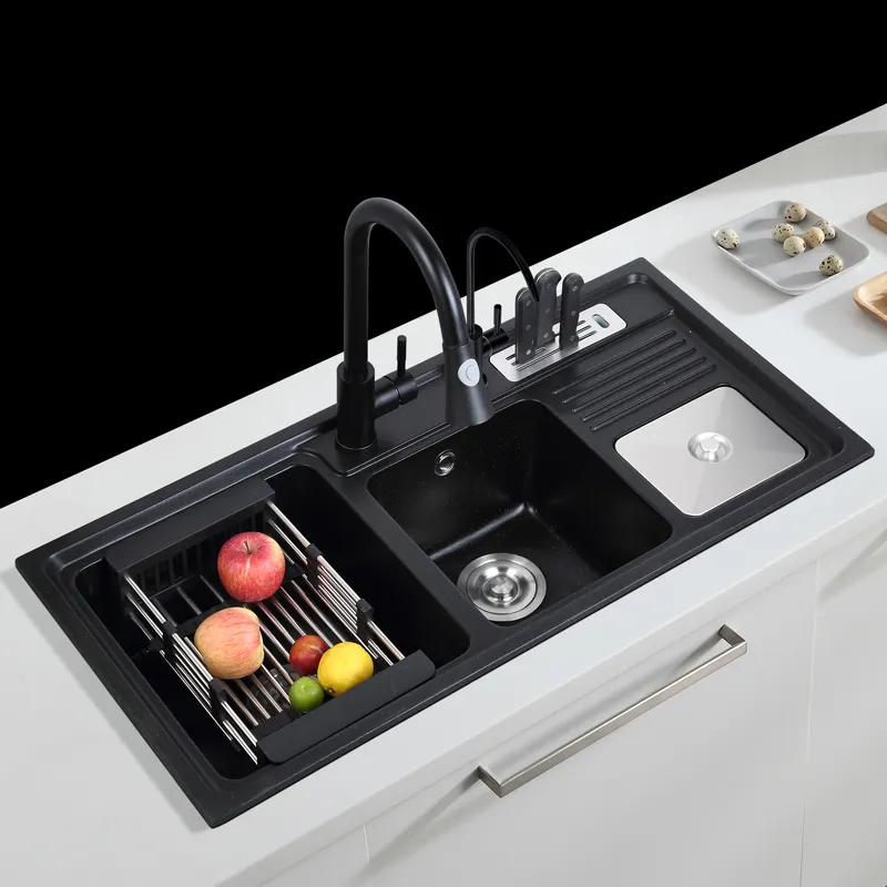 أحواض مطبخ مصنوعة يدويًا من fregadero, أطباق ثلاثية عميقة من الجرانيت ، حوض مطبخ كوارتز أسود