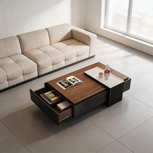 Modern Coffee <b>Table</b> Set with Large Self-Closing Storage Drawer Movable Frosted <b>Glass</b> <b>Side</b> Fluted Living Room Furniture - Product Image 3
