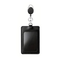 Porte-badge d'identification en cuir PU noir avec enrouleur rétractable et cordon, double fente verticale pour cartes, porte-carte de travail pour employé de bureau