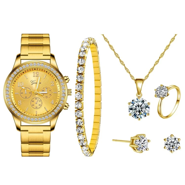 NW1335 Wholesales Rhinestone Gold Quartz Watch & 5pcs Jewelry Set