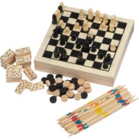 Ensemble de jeux en bois économique avec échecs, Mikado, dames et dominos - Cadeau promotionnel original pour les soirées de jeux à la maison et en voyage