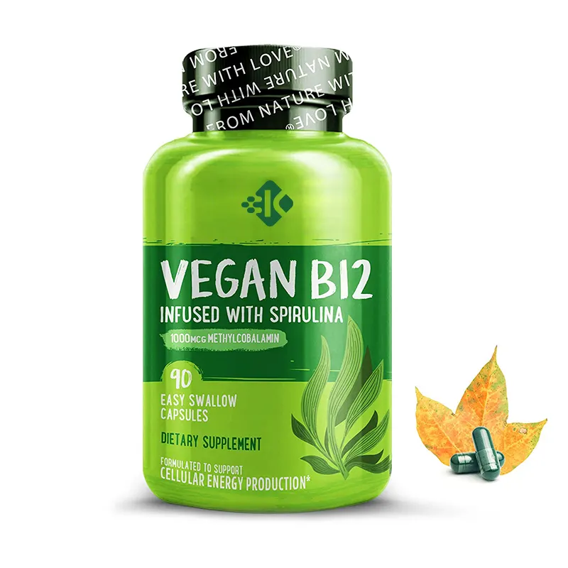 Nhãn hiệu riêng khỏe mạnh tâm trạng năng lượng Tim & mắt sức khỏe bổ sung hữu cơ vegan Spirulina Vitamin B12 viên nang