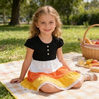 Robe décontractée à volants pour filles, color block, manches courtes bouffantes, boutonnée sur le devant, ourlet en dentelle, tenue printemps-été pour enfants