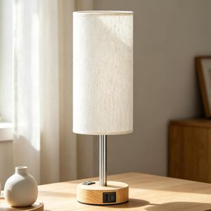 Cross-Border Night <b>Light</b> Wood Grain Three-Level <b>Touch</b> Dimming Fabric Shade <b>Bedside</b> Lamp US Standard Decorative Table Lamp - Product Image 4