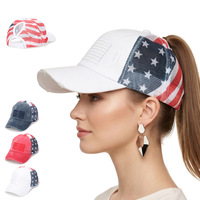 Gorra de béisbol de nuevo estilo, lavada y desgastada, con bandera americana y estrella de cinco puntas, para mujer, con diseño curvo para cola de caballo alta, para comercio transfronterizo.