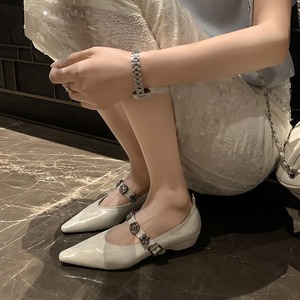 รองเท้าส้นเตี้ยหนังวัวแท้สไตล์วินเทจสำหรับผู้หญิง รุ่นใหม่ ประดับหมุด หนังแท้ ปลายเปิด ส้นสูง แพลตฟอร์ม รองเท้าหนังแบบสวม - Product Image 4