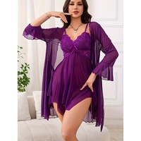 B456 Vente en gros Robe de nuit et peignoir pour femme, Nouvelle tenue d'été légère en maille transparente avec bretelles et manches longues à volants, Approvisionnement transfrontalier