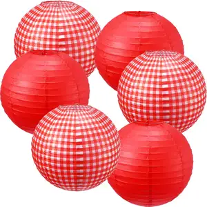 LUCKY 6 Pcs Picnic Party Decorations Checkered Paper Lanterns for Round Hanging Red Paper Lanterns Party Supplies