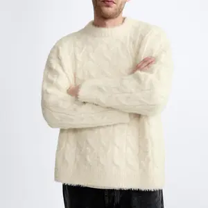 कस्टम लोगो पुरुष स्वेटर लंबी आस्तीन क्रू नेक स्वेटर फजी निट टॉप विंटर निटवेअर ट्विस्ट रोप डिजाइनर पुरुषों के लिए बड़ा स्वेटर