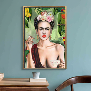 Printed Canvas: Frida with Tea Cup, Birds Jungle Art for Home Decor,<b>GOLD</b> <b>FRAMED</b> CANVAS - Product Image 3