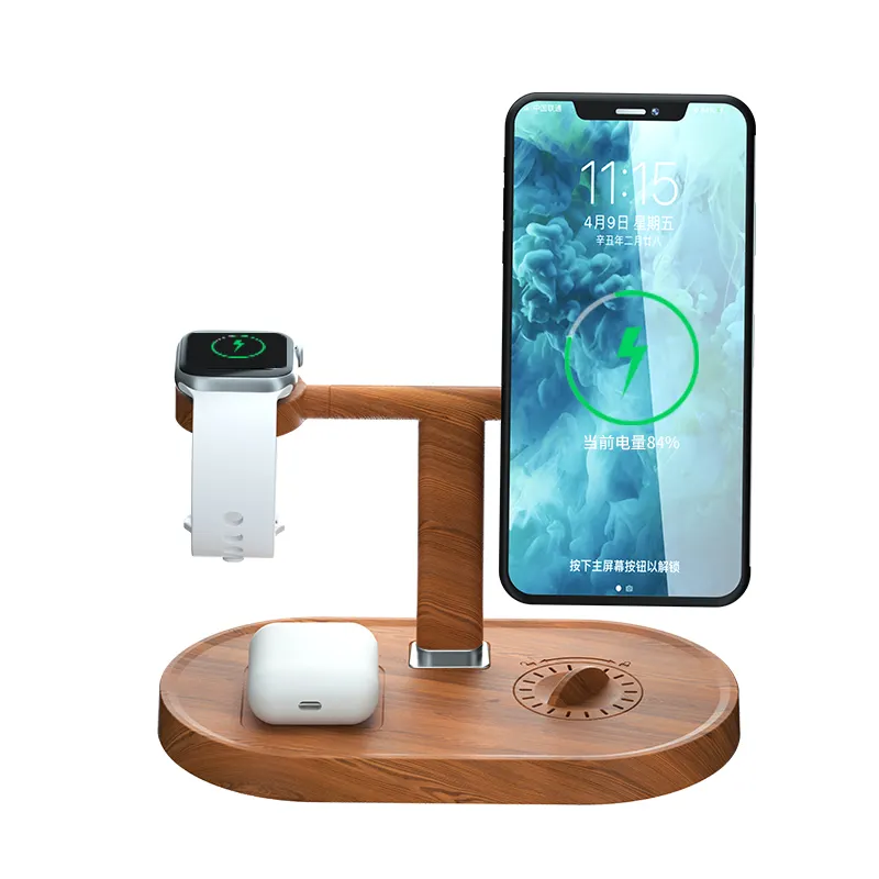Future Trendy Universal Wooden Qi Magnetic 4 in 1 Wireless Charger 15W Fast Wireless Charger Station Dock