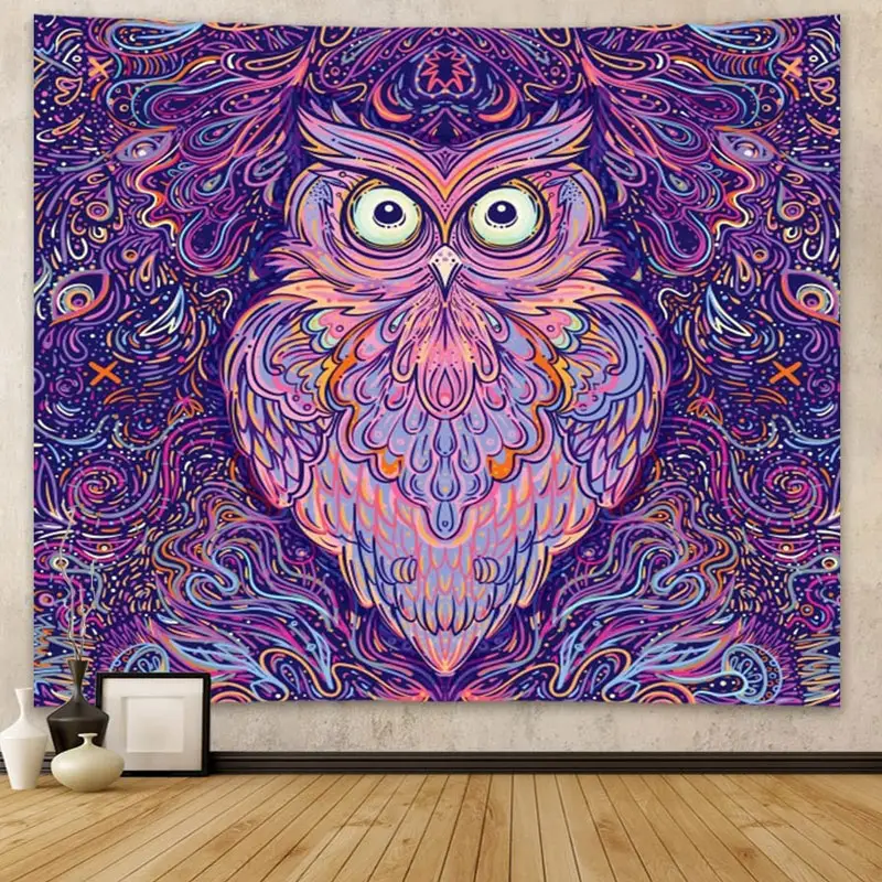 Wholesale Hot Selling Colorful Trippy Forest Art Tapestry Woven Owl Psychedelic Custom Logo Tapestry for Wall