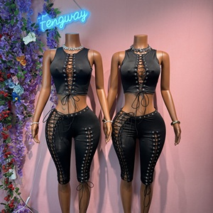 <strong>Sexy</strong> Hollow Bandage 2026 New Fashion Two Piece Sets <strong>Women</strong> Sleeveless Crop Top and Skinny Shorts <strong>Outfits</strong> for <strong>Women</strong> - Product Image 1