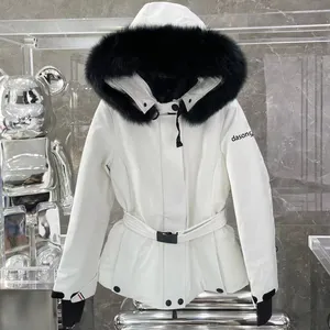 Chaqueta de nieve de plumón de pato blanco con Cuello de piel desmontable, ropa de esquí para la nieve, acolchada para exteriores, Parka con capucha