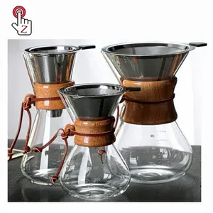 Coador de vidro para café chemex, colarinho de madeira, vidro com borosilicate chemex, para cafeteira