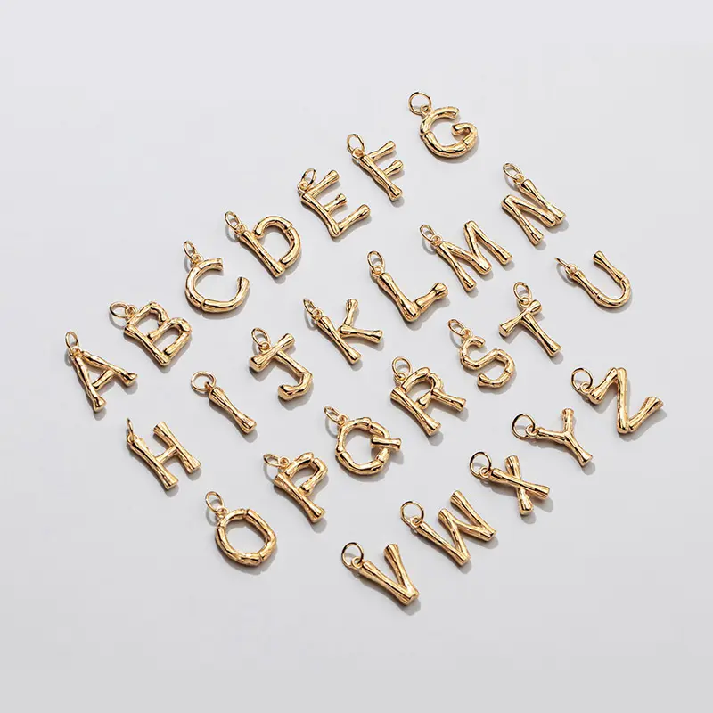 Populer 925 Sterling Silver huruf awal jimat manik-manik berlapis emas gaya bambu 26 alfabet liontin cocok perhiasan temuan membuat