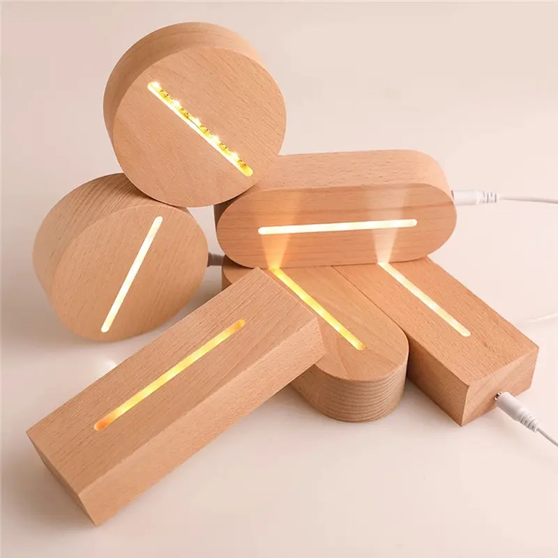 USB-лампа с деревянным основанием, светодиодный 3D ночник, круглая овальная деревянная основа для акрила