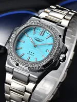 Montre automatique pour homme LONGLUX, montre diamantée de luxe, acier inoxydable, vente en gros, montres mécaniques, jour et date, étanche, montre homme.
