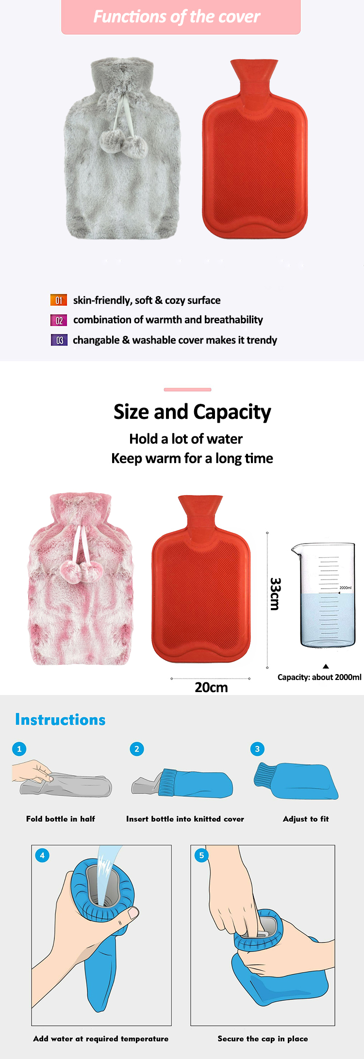 different shape 2000ml british standard rubber hot water bag with luxurious faux fur cover