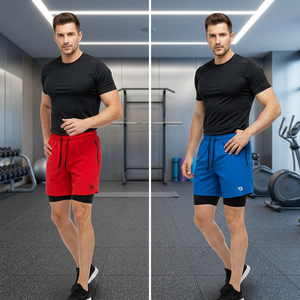 Shorts sportifs pour homme en tissu tricoté polyester à séchage rapide, à taille mi-haute, à carreaux rouges, avec poches zippées, cordon de serrage et logo frontal. - Product Image 6