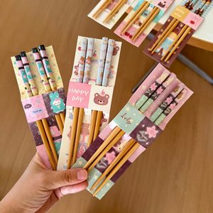 <b>Cute</b> Cartoon Floral Bamboo Chopsticks With <b>Bear</b> Prints For Kids Home Use Gift Set - Product Image 1