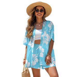Conjunto de Ropa de Playa con Estampado de Flores Hawaianas Personalizado para <span class=keywords><strong>Mujer</strong></span>, Conjunto de Dos Piezas de Verano, Pantalones Cortos de Poliéster, Conjuntos de <span class=keywords><strong>Mujer</strong></span> - Product Image 1