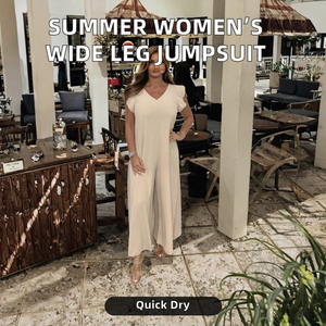 Women's <b>Beige</b> V-Neck Ruffle Sleeve Loose Full Length <b>Jumpsuit</b> Casual Solid Color Crepe Spring Summer Wear - Product Image 2