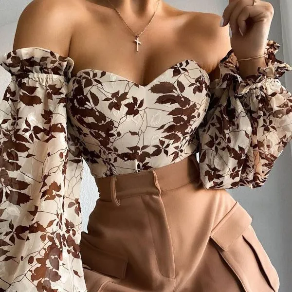 2022 New fashion women clothes chiffon blouses sexy floral print off shoulder long sleeve crop tops elegant women blouse