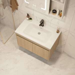 Meuble-lavabo mural en bois naturel personnalisé avec vasque en céramique et armoire miroir LED intelligente anti-buée avec étagère ouverte - Product Image 5