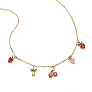 Summer Hot Cute Fashion Jewelry 18k Gold Plated Cherry Grape Peach Multiple Fruits Charm Choker Clavicle Chain Necklaces