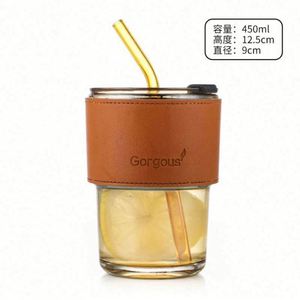 Mug à café en verre imprimé avec logo créatif, avec paille et étui en cuir, réutilisable et portable pour les employés de bureau et les étudiants, couleurs personnalisées - Product Image 4