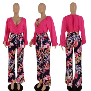 High Quality <b>Sexy</b> Deep V Puff Sleeve Crop Top Leaf Print 2 Piece Pants <b>Set</b> Fashion - Product Image 4