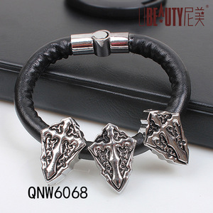 Cross <b>Bracelet</b> Black <b>Leather</b> Tibetan Silver Geometric Design Men's Jewelry Fashion String <b>Bracelet</b> - Product Image 2
