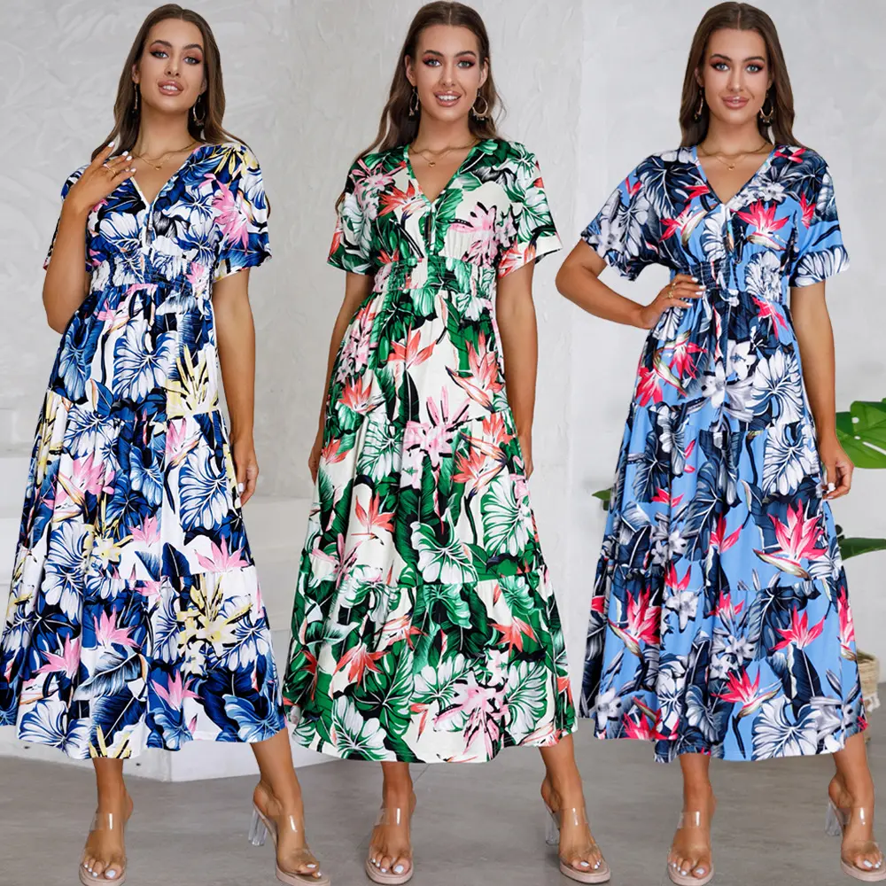Styles d'été manches courtes col en V imprimé floral coloré pour femmes robe maxi décontractée avec taille smockée