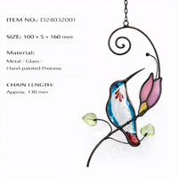Attrape-soleil en verre artisanal avec cadre métallique, motif oiseau et fleur, décoratif et artistique