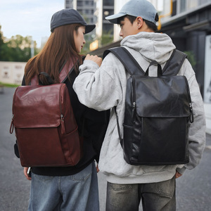 Korean Style PU Leather Backpack 15 Inches <b>Computer</b> <b>Bag</b> For Men Women Student Casual Travel Everyday Use Solid Color - Product Image 1