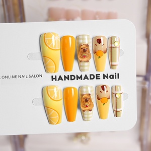<span class=keywords><strong>Uñas</strong></span> Postizas Infantiles con Dibujos Animados, <span class=keywords><strong>Uñas</strong></span> Postizas Largas en Forma de Ataúd con Estampado de Limón Amarillo y Animales, Reutilizables para Niñas, para el Verano y Uso Diario - Product Image 1