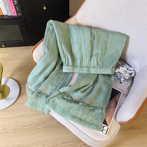 Chinese Style Cotton Linen Wide Leg Trousers Green Embroidery Hem Casual Pants Spring Summer 2025 Breathable Ultra Thin Micro - Product Image 3
