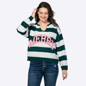 Maglione Natalizio Personalizzato da <span class=keywords><strong>Donna</strong></span> con Strisce Glitterate, Scollo a V, Spalle Scivolate, Vestibilità Ampia e Patch con Lettere - Produttore - Product Image 1