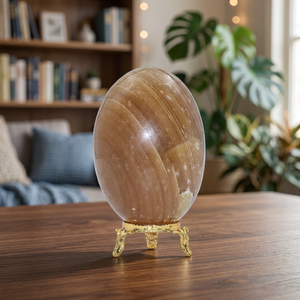 Vente en gros de calcite orange naturelle polie Shiva Lingam avec support en or, ornement en pierre ovale, décoration d'intérieur, objet de collection - Product Image 2