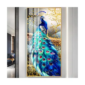 Mavi tavuskuşu kristal porselen duvar sanat boyama 3d soyut hayvan duvar sanat alüminyum alaşım çerçeve boyama oturma odası için