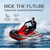Jet ski électrique innovant 2026, embarcation personnelle sportive, siège rouge cramoisi, coussin d'air, pare-chocs gonflable, planche de surf