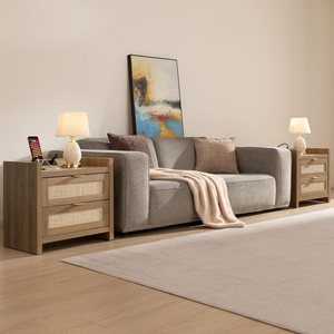 <strong>Industrial</strong> Vintage Rattan <strong>Bedside</strong> <strong>Table</strong> with 2 Drawers and Usb Charging Station for Loft Style Bedroom Furniture Nightstand - Product Image 2